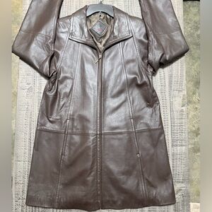 Women’s Brown Leather Long Coat - Classic Zip Front